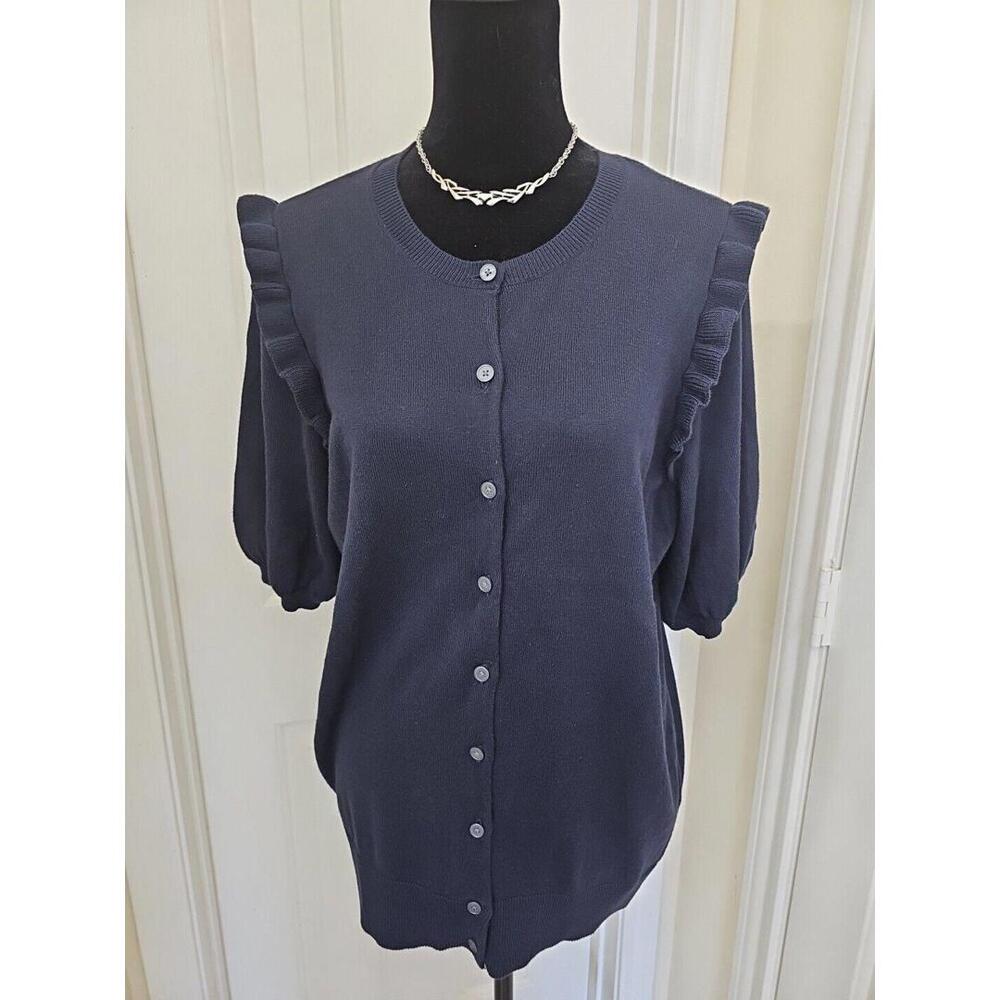 Boden Ruffle Women's Sweater 12 Cotton In Navy Cardigan Short Sleeve Ruffle